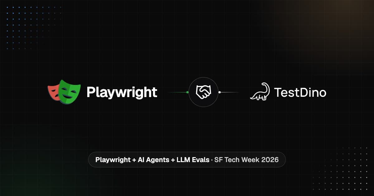Playwright and TestDino logos joined by a handshake, for the Playwright + AI Agents + LLM Evals workshop at SF Tech Week 2026.