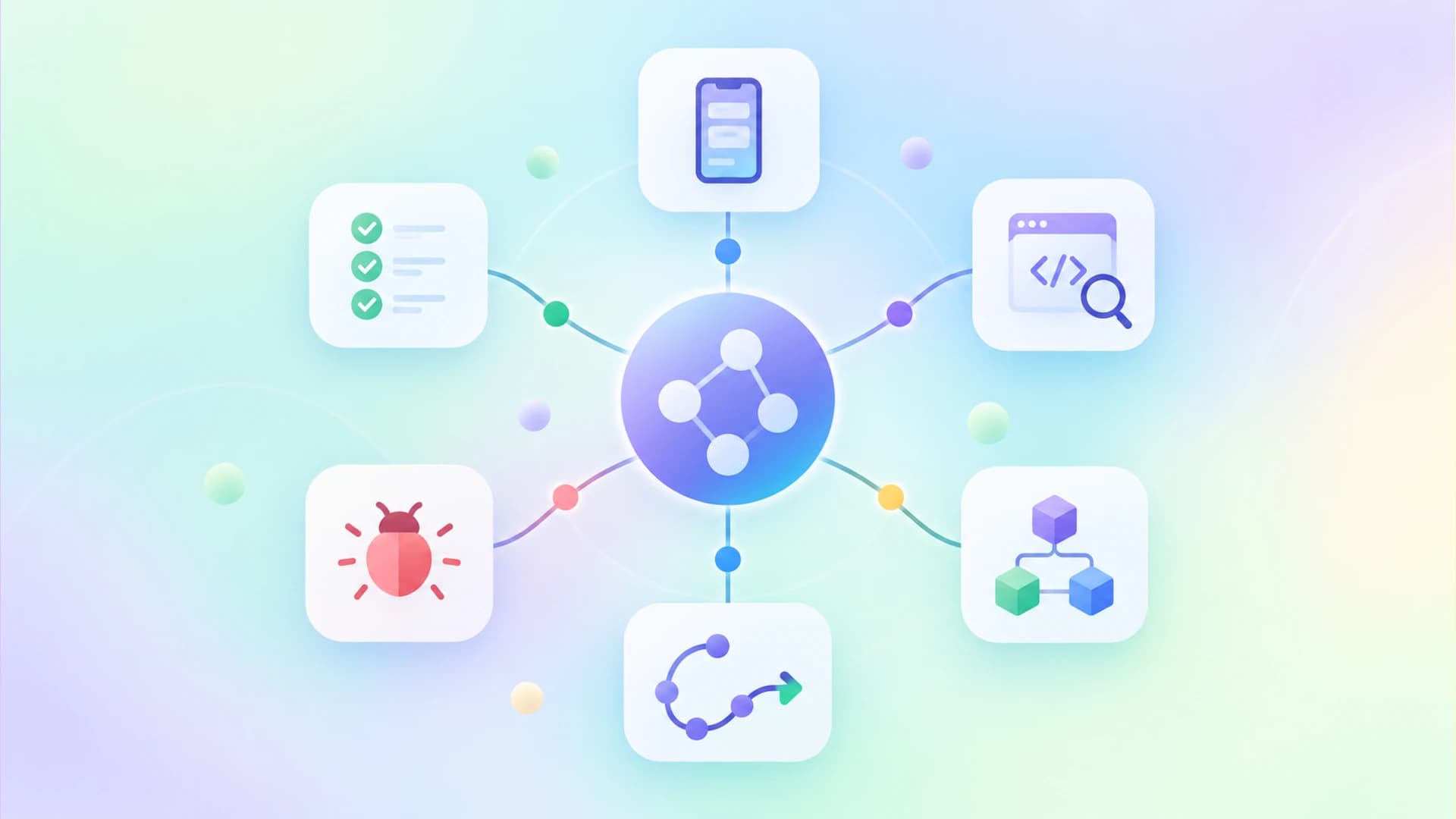 Knowledge graph node connecting testing artifacts and bug icons