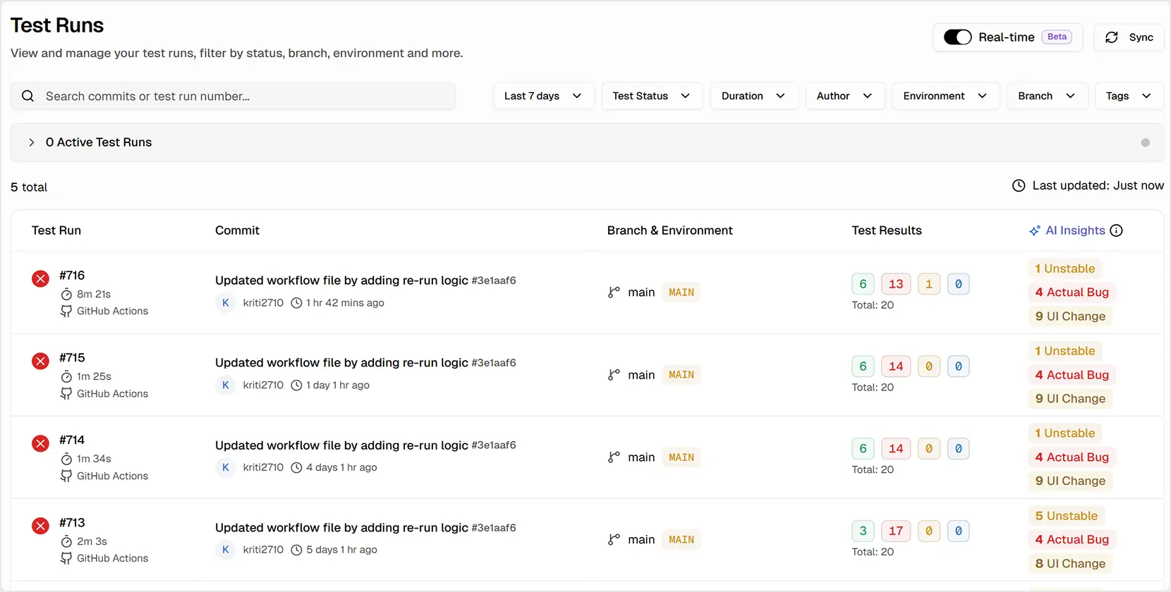 TestDino Playwright test runs view
