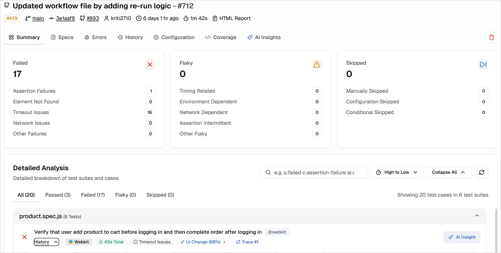 TestDino test run Summary tab