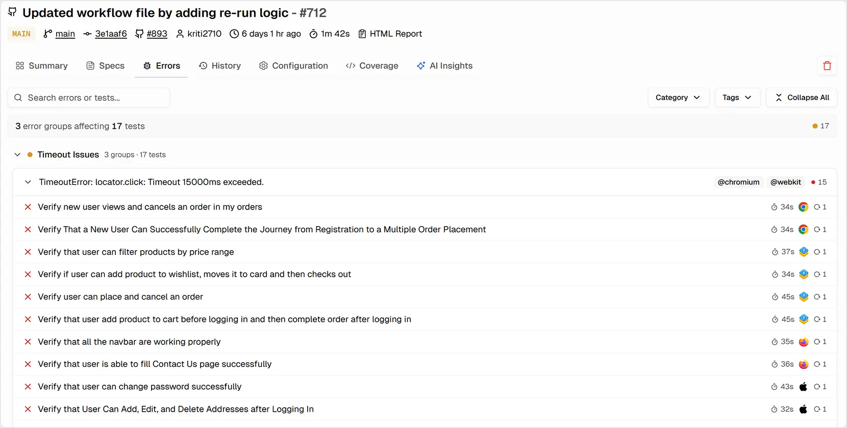 TestDino test run Errors tab