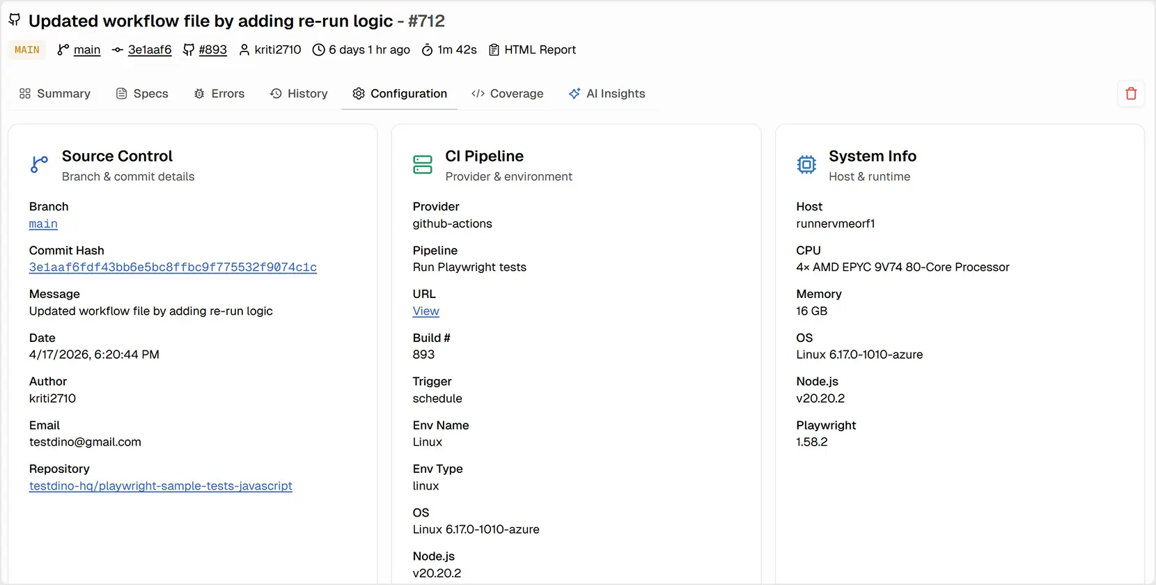 TestDino test run Configuration tab