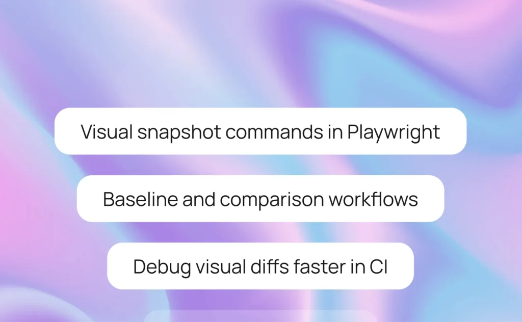 Playwright visual testing concepts showing snapshot commands, baseline comparison, and visual diff debugging in CI
