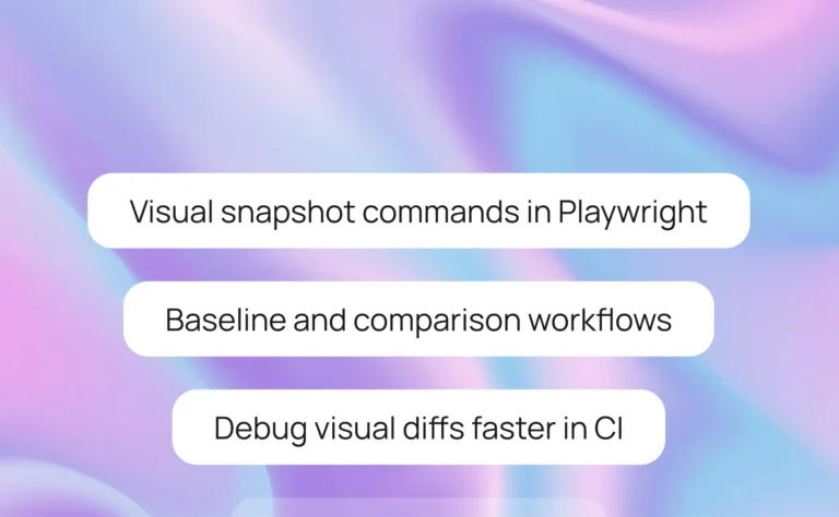 Playwright visual testing concepts showing snapshot commands, baseline comparison, and visual diff debugging in CI