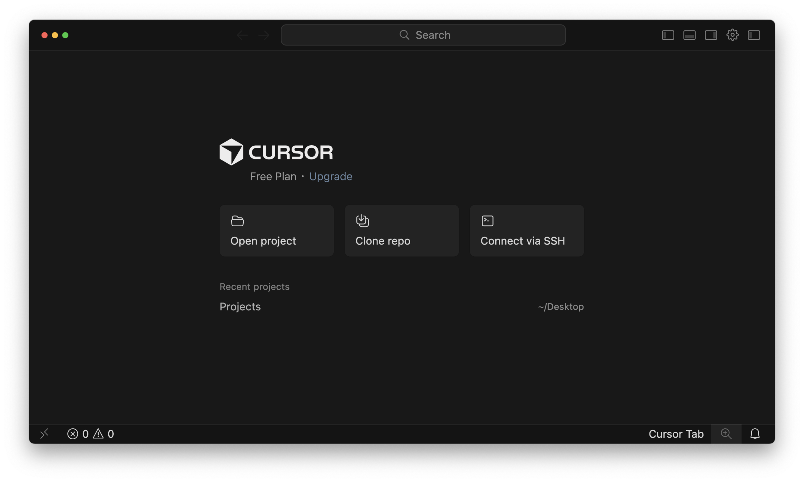 Cursor editor welcome screen showing options to open a project, clone a repository, or connect via SSH.