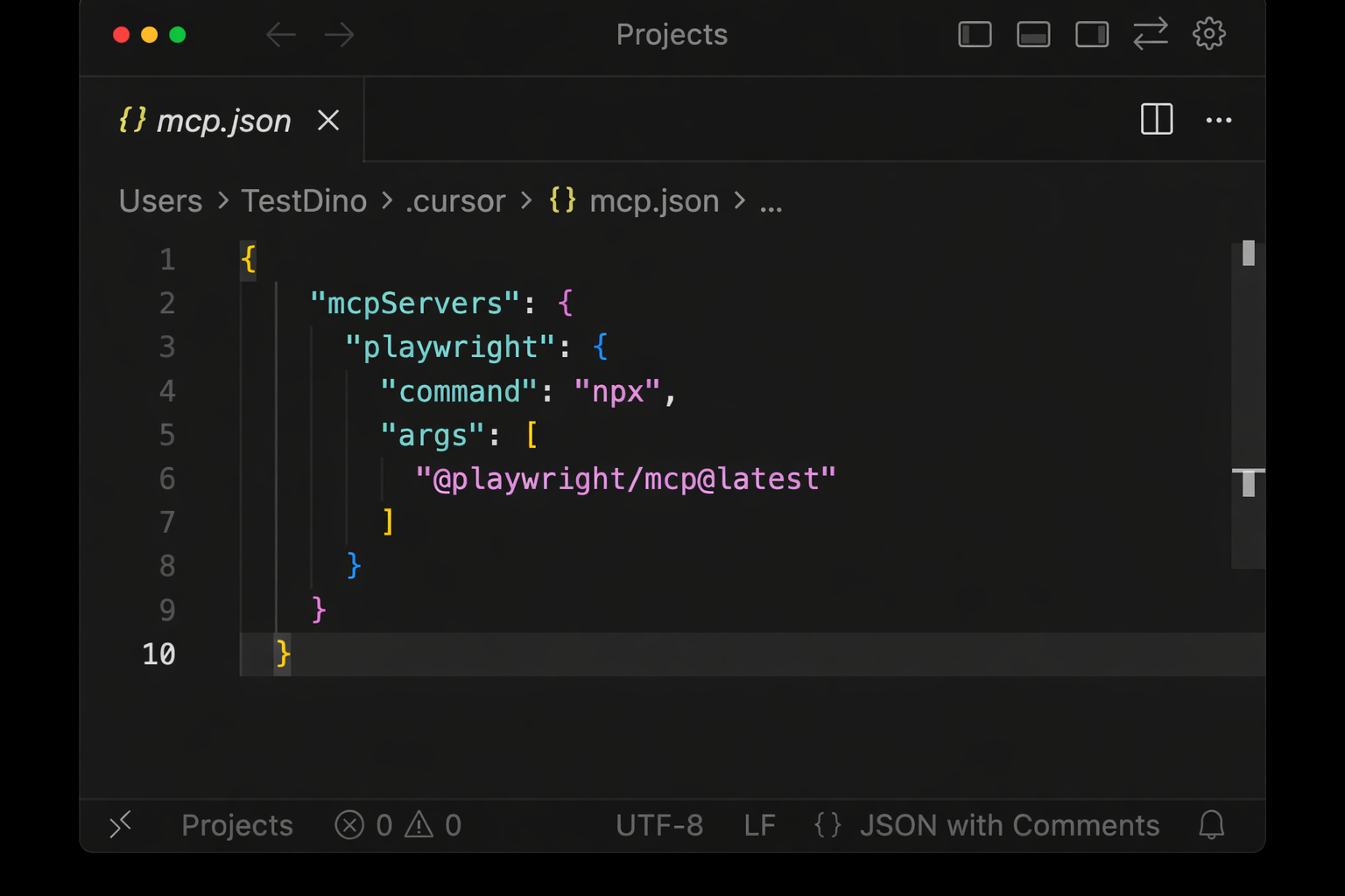 mcp.json configuration file in Cursor showing Playwright MCP server setup using npx.