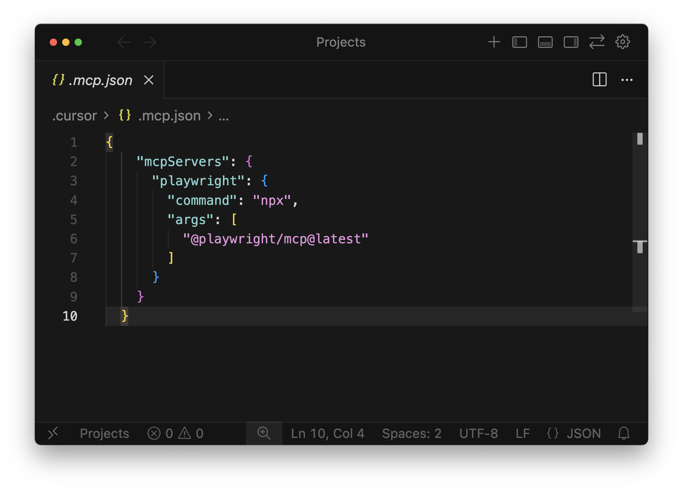 .cursor/.mcp.json file, configuring the Playwright MCP server using npx in Cursor.