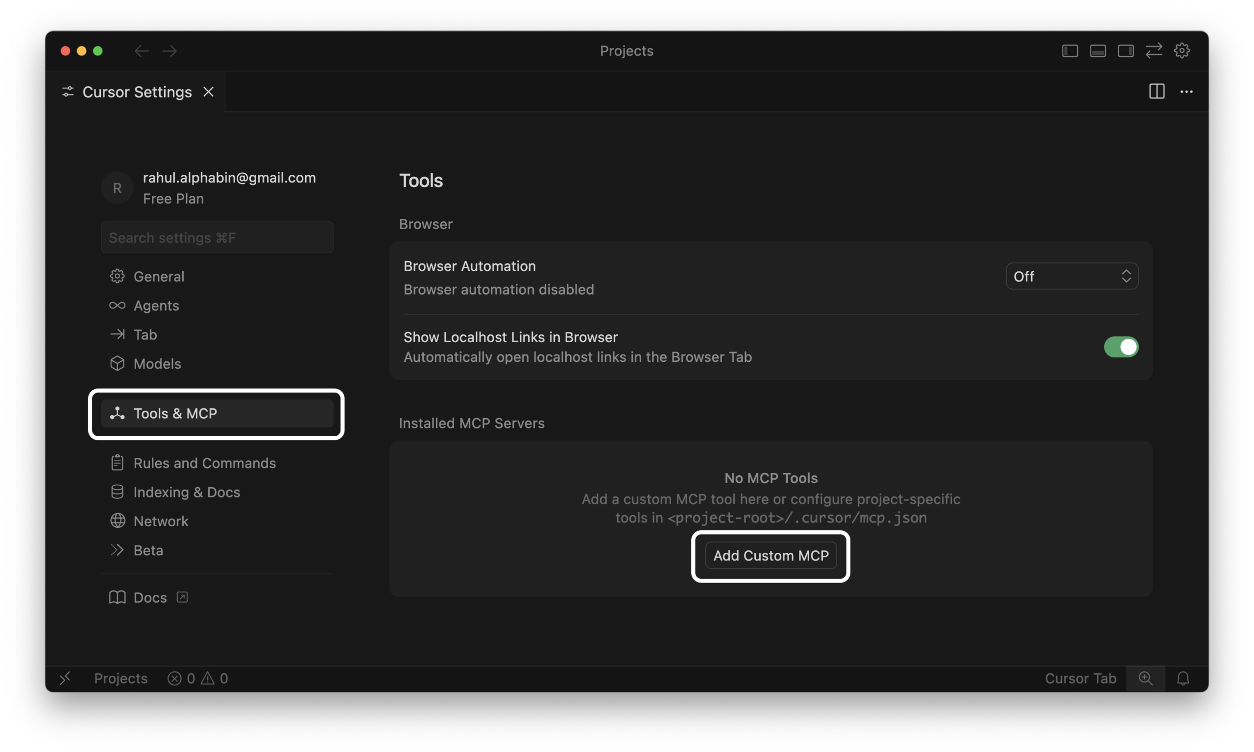 Cursor editor Tools and MCP settings showing no MCP servers installed with the Add Custom MCP option.