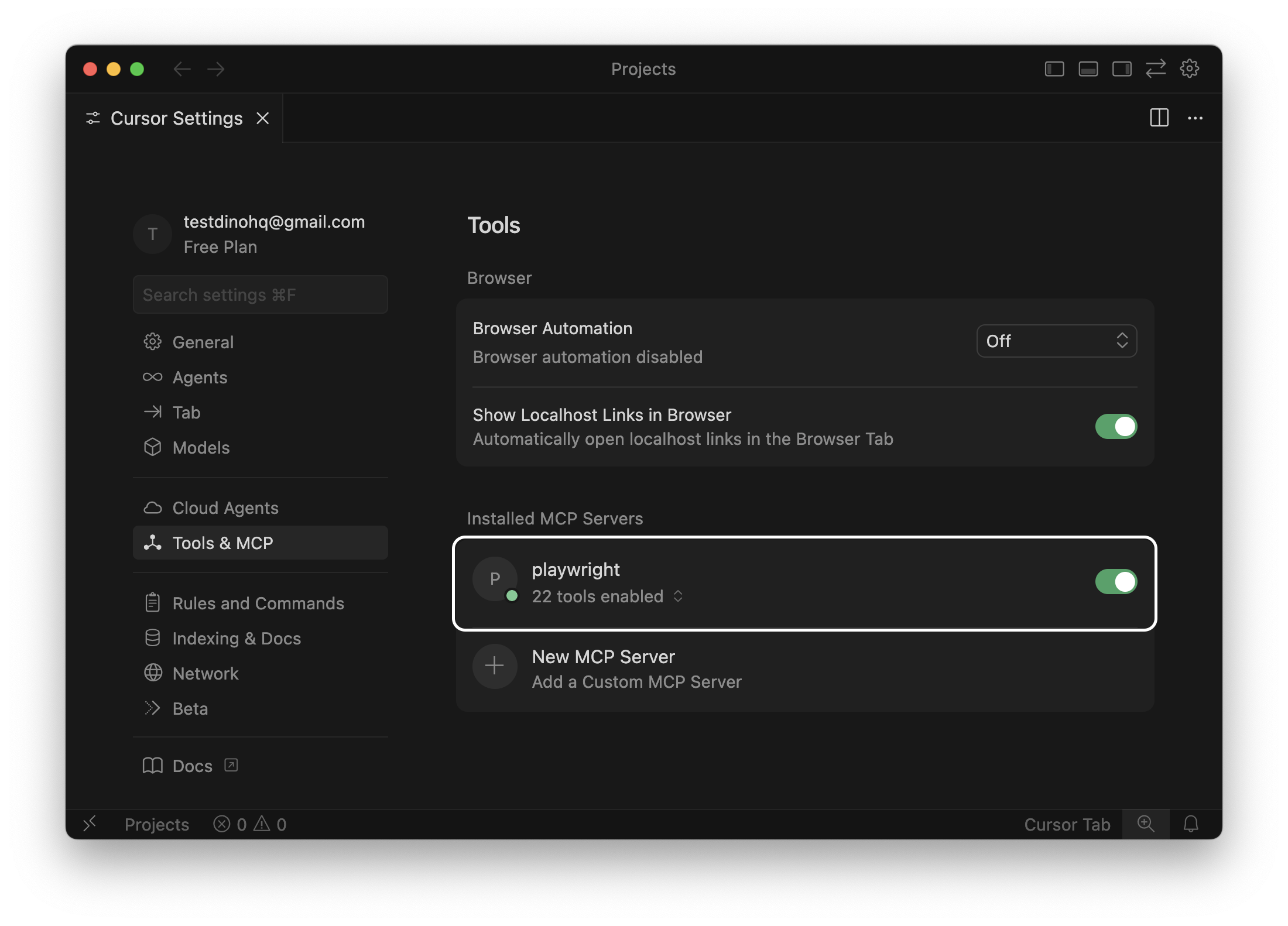 Cursor editor settings showing Playwright MCP installed with multiple tools enabled under Tools and MCP.