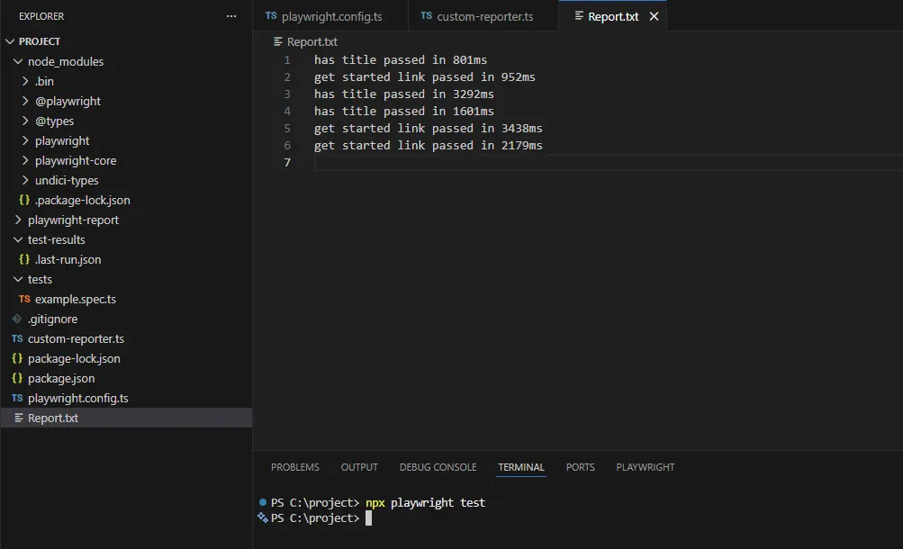 Playwright custom reporter writing test results and execution time to a Report.txt file during test execution