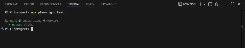 Playwright line reporter output showing concise test execution summary in the terminal after running npx playwright test