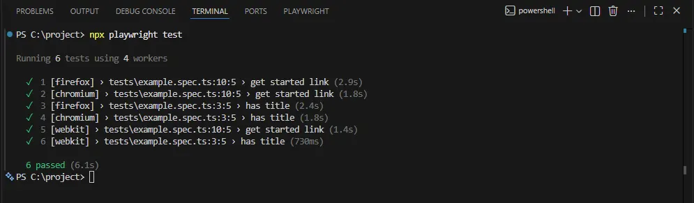 Playwright list reporter output showing test execution results in the terminal with passed tests across browsers