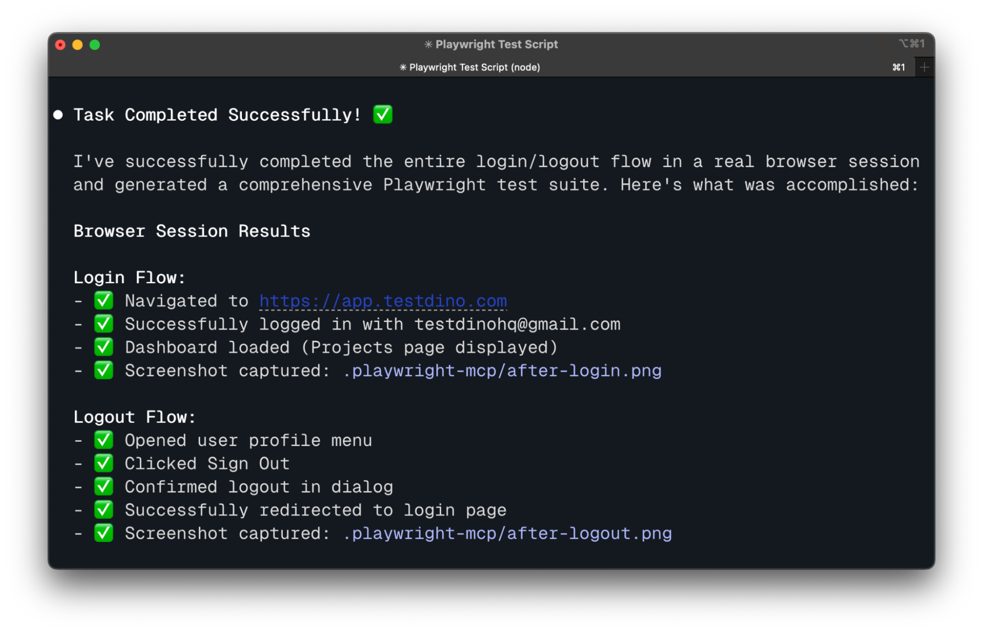 Playwright MCP test execution output showing a successful login and logout flow completed in a real browser session.