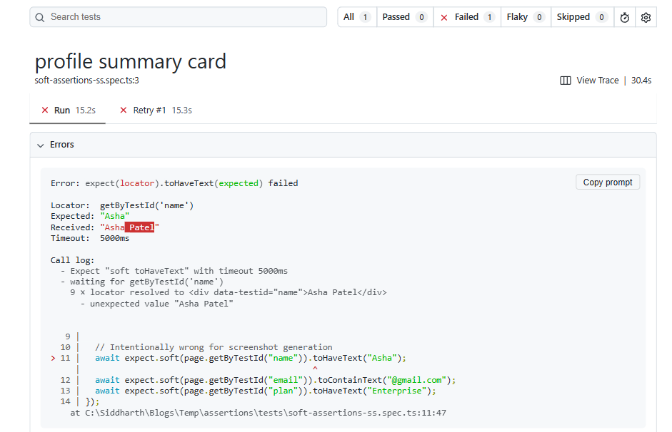 Screenshot showing soft assertion behavior in test runner
