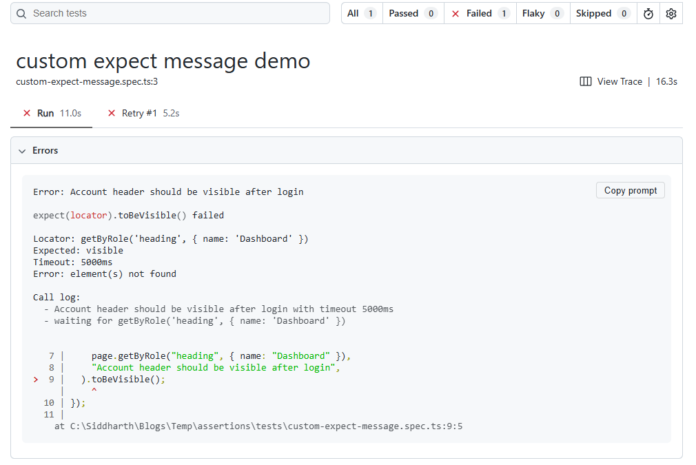 Custom expect message displayed in CI failure output