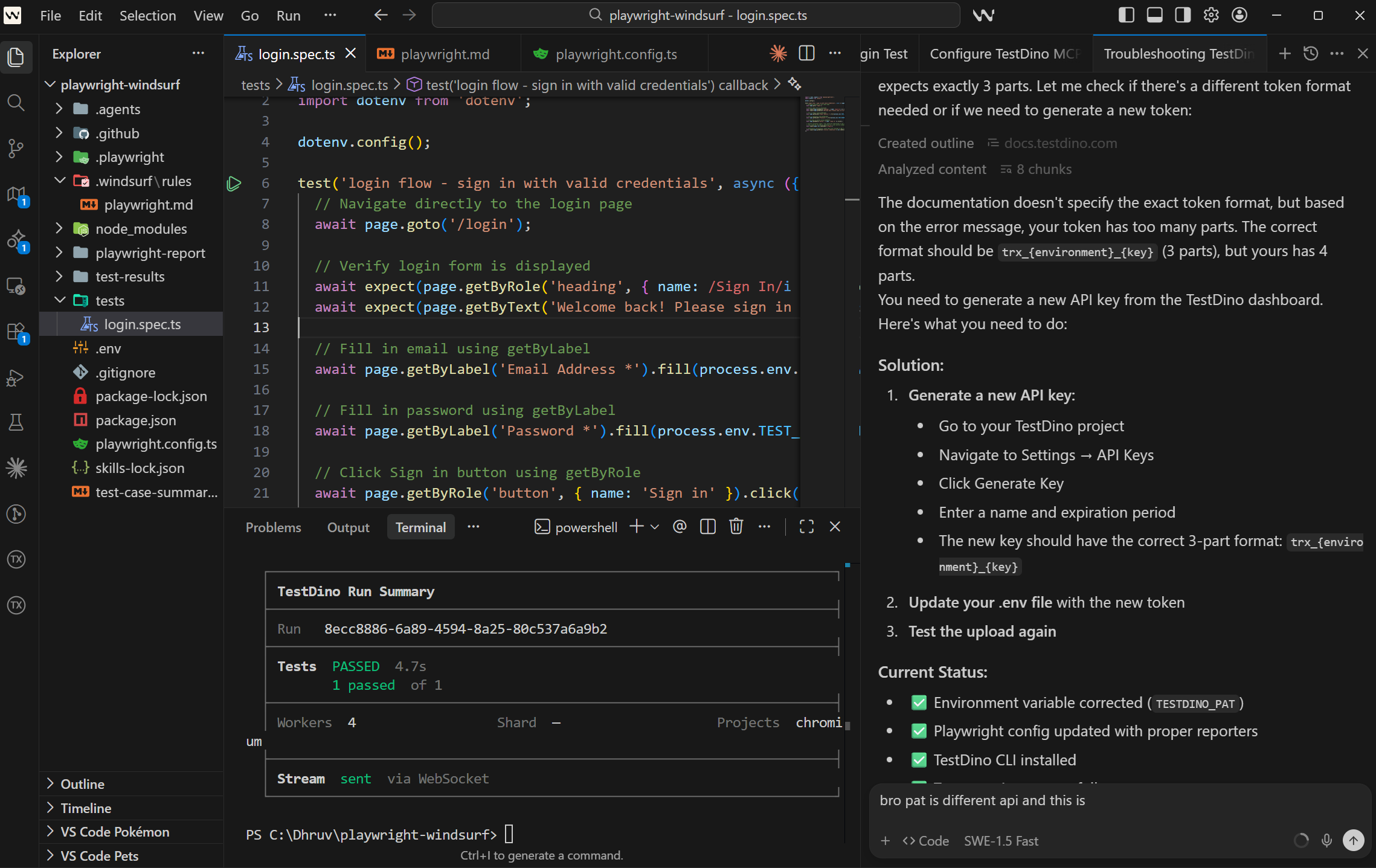 Terminal report of TestDino Run Summary